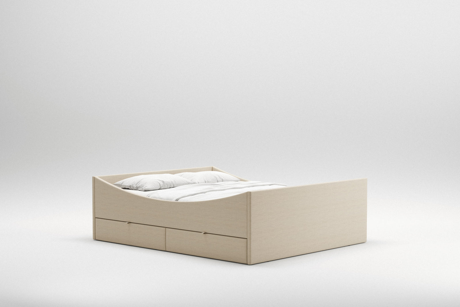 Curved Bed Frame w. 2 Drawers | Light Beige