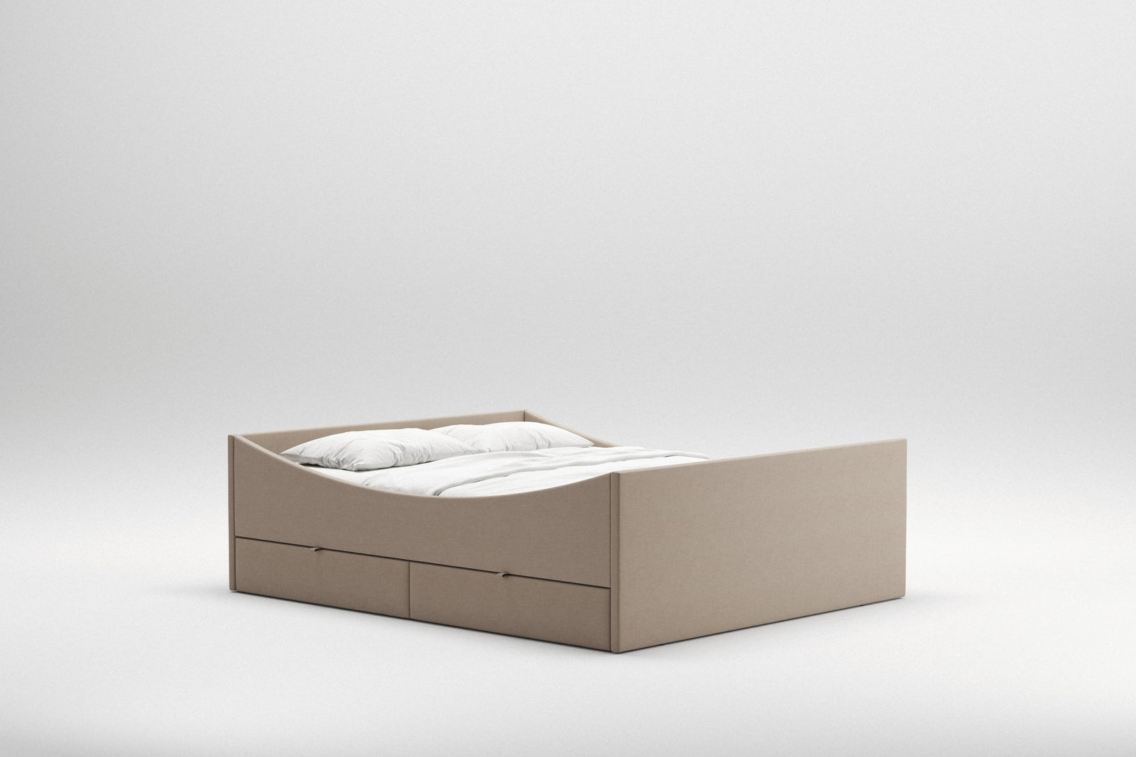 Curved Bed Frame w. 2 Drawers | Dark Beige
