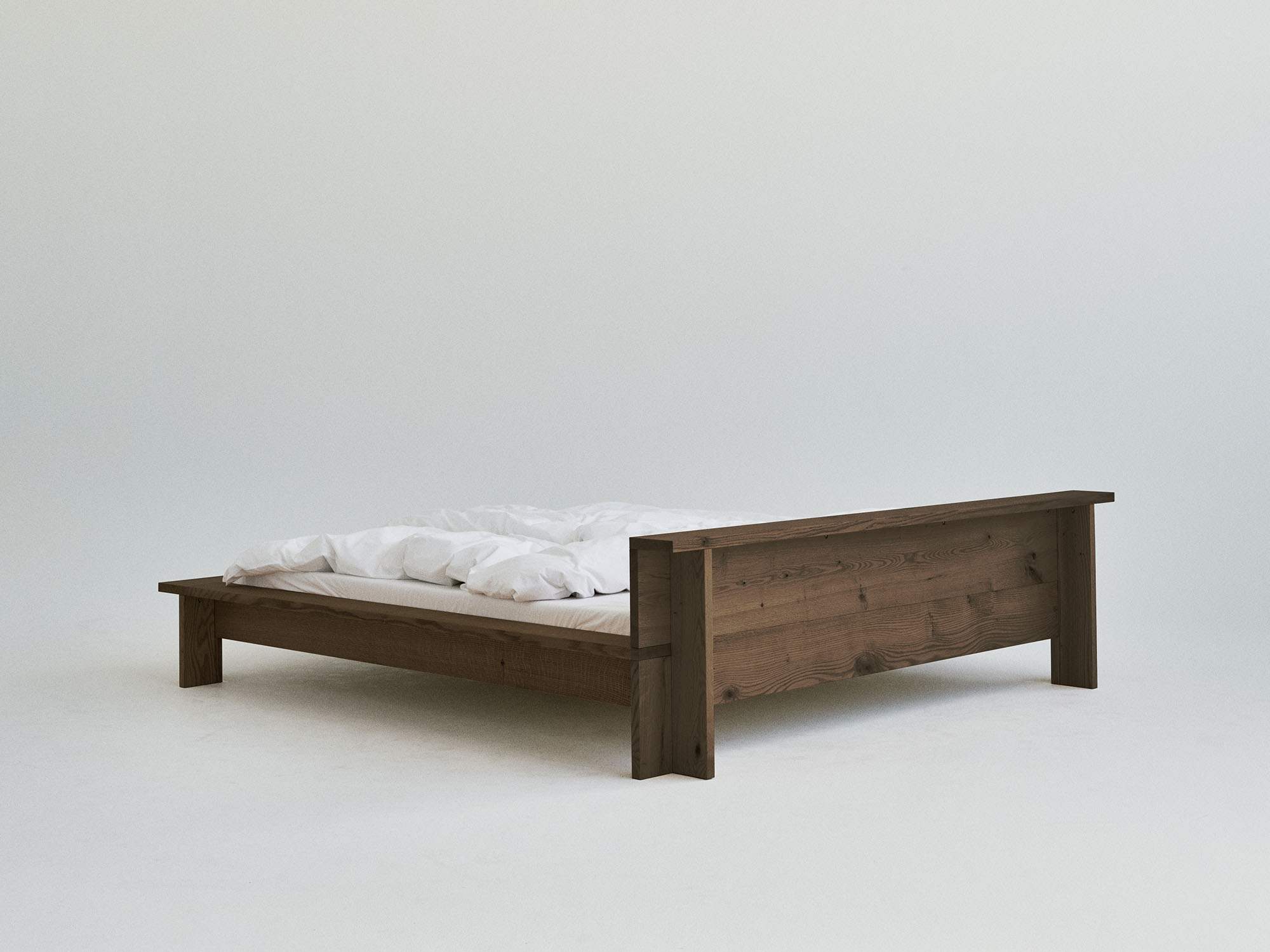 RYE Hem bed frame in smoked solid red oak - back view pack shot